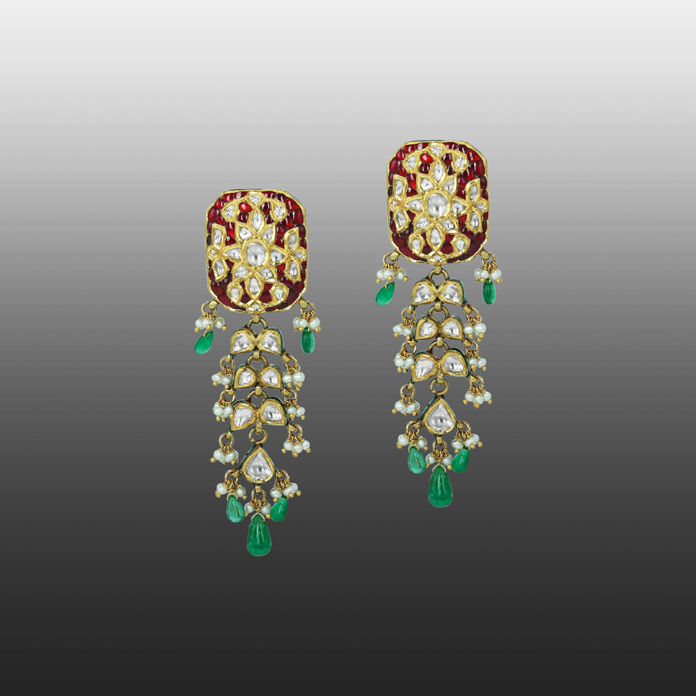 Rectangular Polki Earrings with Red Talaf, Emerald, and Pearl Drops